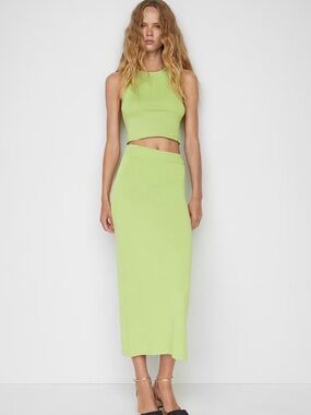 Mango Lime Green High-Waist Midi Skirt